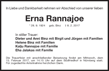 Traueranzeige von Erna Rannajoe von Gesamtausgabe Nürnberger Nachrichten/ Nürnberger Ztg.