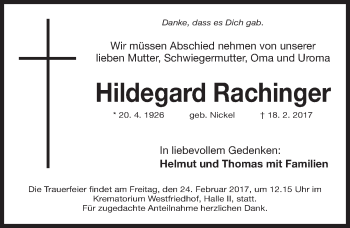 Traueranzeige von Hildegard Rachinger von Gesamtausgabe Nürnberger Nachrichten/ Nürnberger Ztg.