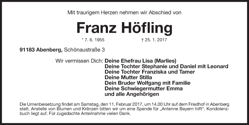  Traueranzeige für Franz Höfling vom 08.02.2017 aus Roth-Hilpoltsteiner Volkszeitung Lokal