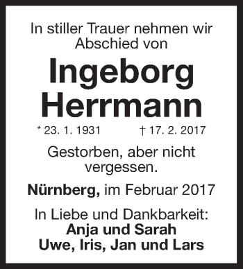Traueranzeige von Ingeborg Herrmann von Gesamtausgabe Nürnberger Nachrichten/ Nürnberger Ztg.
