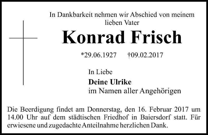  Traueranzeige für Konrad Frisch vom 14.02.2017 aus Nordbayerische Nachrichten Forchheim Lokal