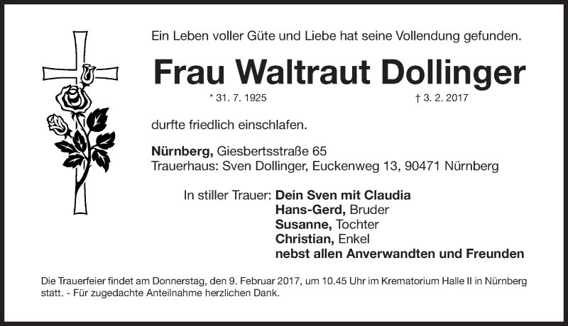  Traueranzeige für Waltraut Dollinger vom 08.02.2017 aus Gesamtausgabe Nürnberger Nachrichten/ Nürnberger Ztg.