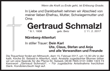 Traueranzeige von Gertraud Schmalzl von Gesamtausgabe Nürnberger Nachrichten/ Nürnberger Ztg.