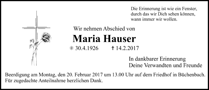 Traueranzeige für Maria Hauser vom 18.02.2017 aus Erlanger Nachrichten Lokal