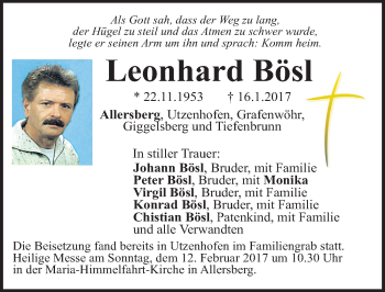 Traueranzeige von Leonhard Bösl von Roth-Hilpoltsteiner Volkszeitung Lokal