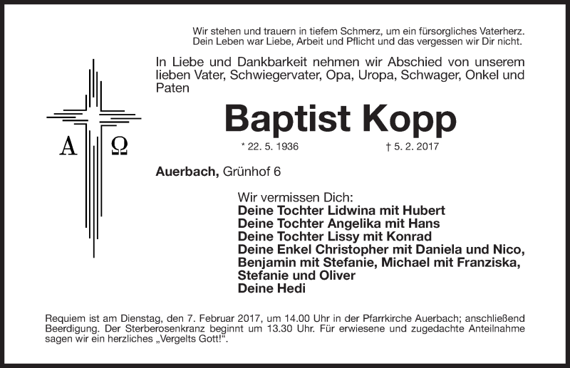  Traueranzeige für Baptist Kopp vom 06.02.2017 aus Nordbayerische Nachrichten Pegnitz Lokal