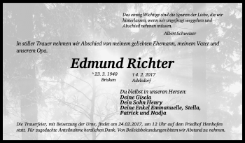 Traueranzeige von Edmund Richter von Nordbayerische Nachrichten Herzogenaurach Lokal