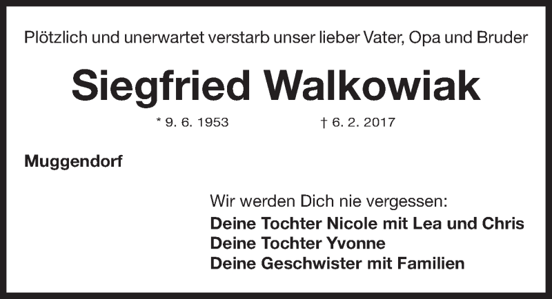  Traueranzeige für Siegfried Walkowiak vom 16.02.2017 aus Nordbayerische Nachrichten Forchheim Lokal