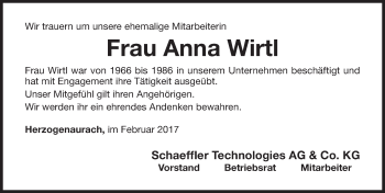 Traueranzeige von Anna Wirtl von Nordbayerische Nachrichten Herzogenaurach Lokal