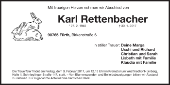 Traueranzeige von Karl Rettenbacher von Gesamtausgabe Nürnberger Nachrichten/ Nürnberger Ztg.
