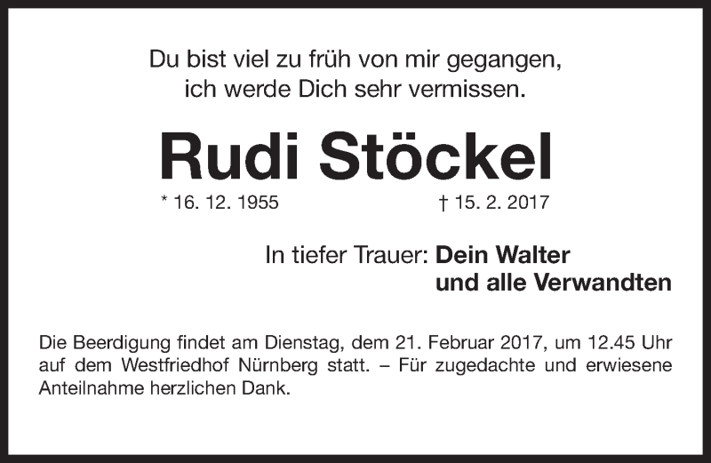  Traueranzeige für Rudi Stöckel vom 18.02.2017 aus Gesamtausgabe Nürnberger Nachrichten/ Nürnberger Ztg.