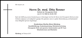 Traueranzeige von Otto Renner von Gesamtausgabe Nürnberger Nachrichten/ Nürnberger Ztg.