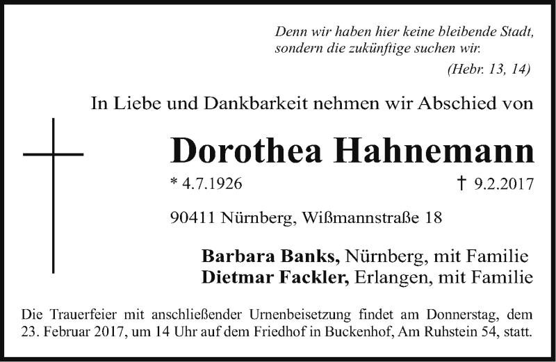  Traueranzeige für Dorothea Hahnemann vom 18.02.2017 aus Gesamtausgabe Nürnberger Nachrichten/ Nürnberger Ztg.