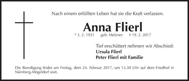  Traueranzeige für Anna Flierl vom 22.02.2017 aus Gesamtausgabe Nürnberger Nachrichten/ Nürnberger Ztg.