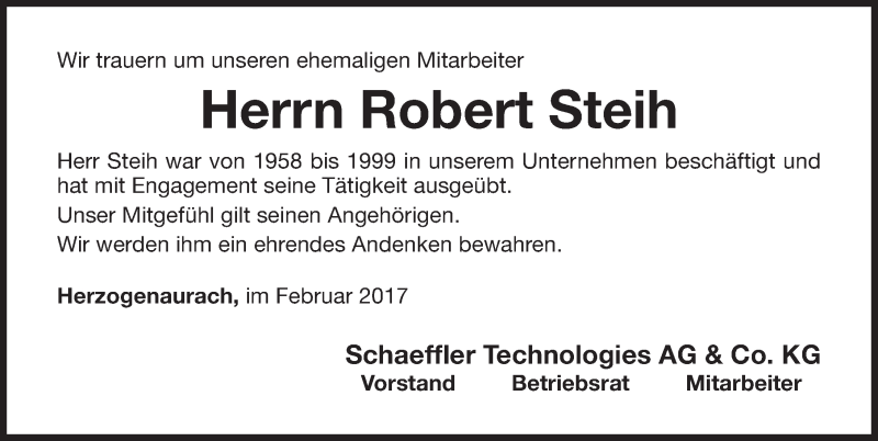  Traueranzeige für Robert Steih vom 11.02.2017 aus Nordbayerische Nachrichten Herzogenaurach Lokal