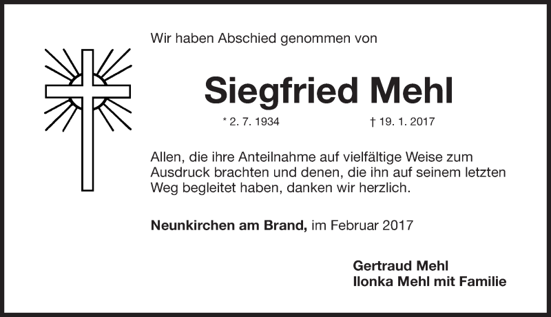  Traueranzeige für Siegfried Mehl vom 04.02.2017 aus Nordbayerische Nachrichten Forchheim Lokal
