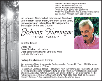 Traueranzeige von Johann Kürzinger von Neumarkter Nachrichten Lokal