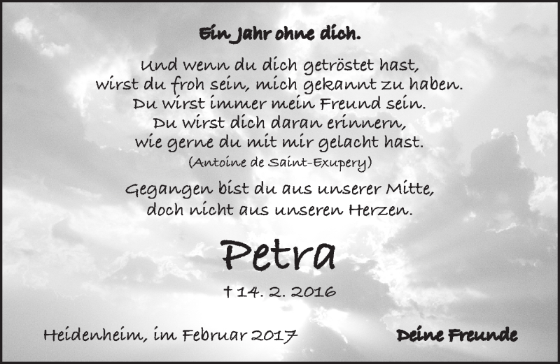  Traueranzeige für Petra Fritsch vom 14.02.2017 aus Altmühl-Bote Lokal