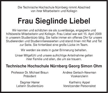 Traueranzeige von Sieglinde Liebel von Gesamtausgabe Nürnberger Nachrichten/ Nürnberger Ztg.