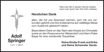Traueranzeige von Adolf Springer von Nordbayerische Nachrichten Herzogenaurach Lokal