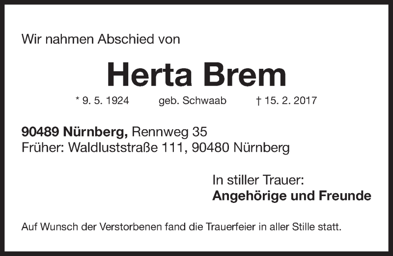  Traueranzeige für Herta Brem vom 25.02.2017 aus Gesamtausgabe Nürnberger Nachrichten/ Nürnberger Ztg.