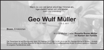 Traueranzeige von Geo Wulf Müller von Gesamtausgabe Nürnberger Nachrichten/ Nürnberger Ztg.