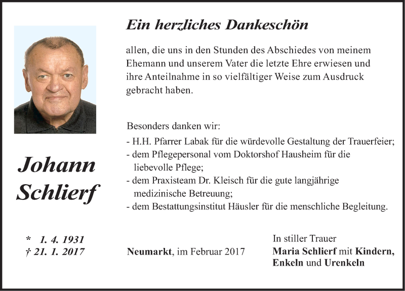  Traueranzeige für Johann Schlierf vom 18.02.2017 aus Neumarkter Nachrichten Lokal