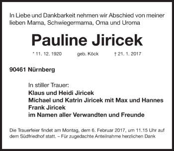 Traueranzeige von Pauline Jiricek von Gesamtausgabe Nürnberger Nachrichten/ Nürnberger Ztg.