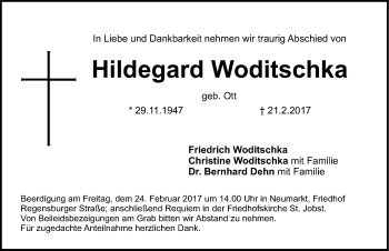 Traueranzeige von Hildegard Woditschka von Neumarkter Nachrichten Lokal