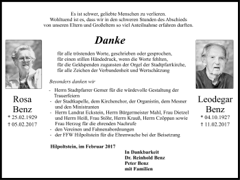 Traueranzeige von Rosa Benz von Roth-Hilpoltsteiner Volkszeitung Lokal