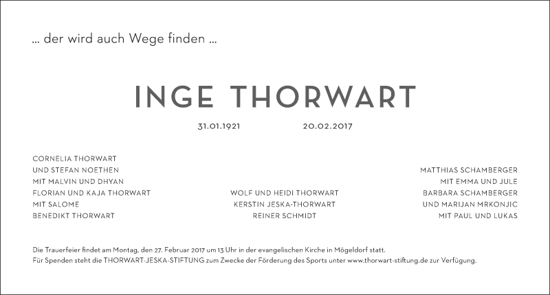  Traueranzeige für Inge Thorwart vom 25.02.2017 aus Gesamtausgabe Nürnberger Nachrichten/ Nürnberger Ztg.