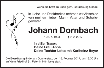 Traueranzeige von Johann Dornbach von Gesamtausgabe Nürnberger Nachrichten/ Nürnberger Ztg.