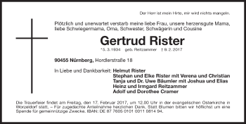 Traueranzeige von Gertrud Rister von Gesamtausgabe Nürnberger Nachrichten/ Nürnberger Ztg.