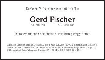 Traueranzeige von Gerd Fischer von Gesamtausgabe Nürnberger Nachrichten/ Nürnberger Ztg.