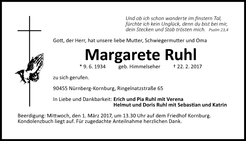  Traueranzeige für Margarete Ruhl vom 25.02.2017 aus Schwabach
