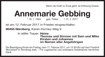 Traueranzeige von Annemarie Gebbing von Gesamtausgabe Nürnberger Nachrichten/ Nürnberger Ztg.