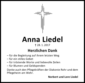 Traueranzeige von Anna Liedel von Schwabach