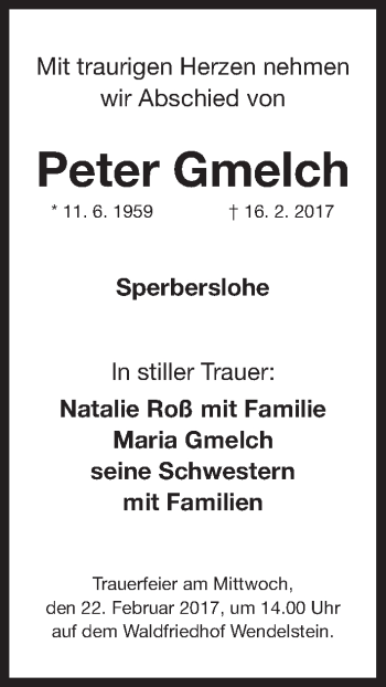 Traueranzeige von Peter Gmelch von Gesamtausgabe Nürnberger Nachrichten/ Nürnberger Ztg.