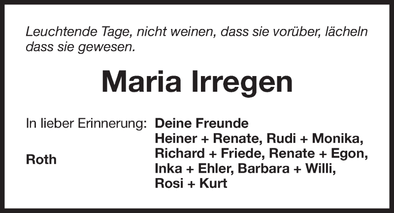  Traueranzeige für Maria Irregen vom 16.02.2017 aus Roth-Hilpoltsteiner Volkszeitung Lokal