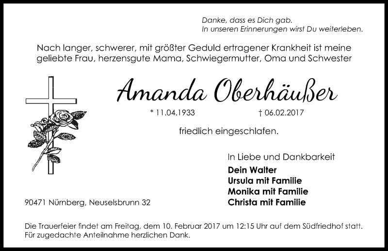  Traueranzeige für Amanda Oberhäußer vom 08.02.2017 aus Gesamtausgabe Nürnberger Nachrichten/ Nürnberger Ztg.