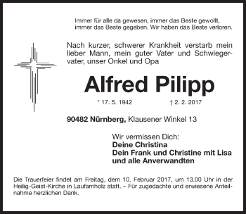 Traueranzeige von Alfred Pilipp von Gesamtausgabe Nürnberger Nachrichten/ Nürnberger Ztg.