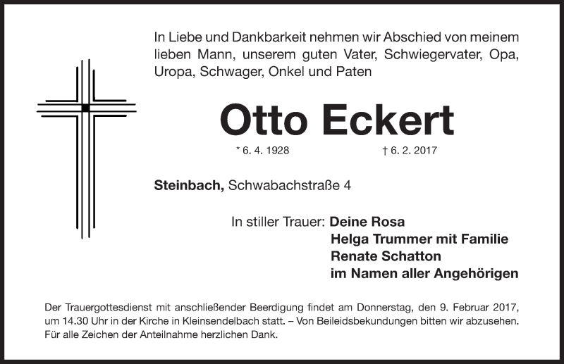  Traueranzeige für Otto Eckert vom 08.02.2017 aus Nordbayerische Nachrichten Forchheim Lokal