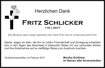 Traueranzeige von Fritz Schlicker von Schwabach