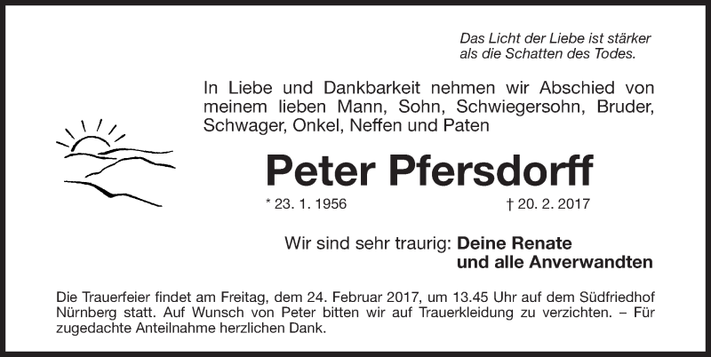  Traueranzeige für Peter Pfersdorff vom 22.02.2017 aus Gesamtausgabe Nürnberger Nachrichten/ Nürnberger Ztg.