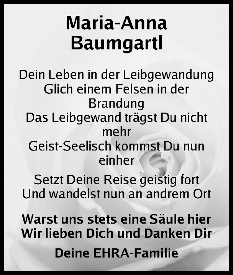  Traueranzeige für Maria-Anna Baumgartl vom 07.02.2017 aus Gesamtausgabe Nürnberger Nachrichten/ Nürnberger Ztg.