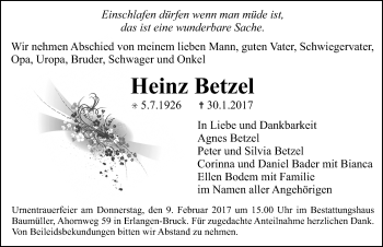 Traueranzeige von Heinz Betzel von Erlanger Nachrichten Lokal