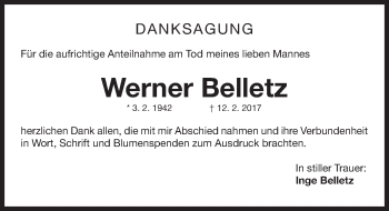 Traueranzeige von Werner Belletz von Gesamtausgabe Nürnberger Nachrichten/ Nürnberger Ztg.