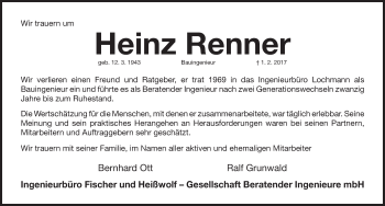 Traueranzeige von Heinz Renner von Gesamtausgabe Nürnberger Nachrichten/ Nürnberger Ztg.