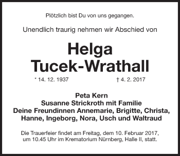 Traueranzeige von Helga Tucek-Wrathall von Gesamtausgabe Nürnberger Nachrichten/ Nürnberger Ztg.