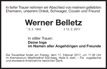 Traueranzeige von Werner Belletz von Gesamtausgabe Nürnberger Nachrichten/ Nürnberger Ztg.